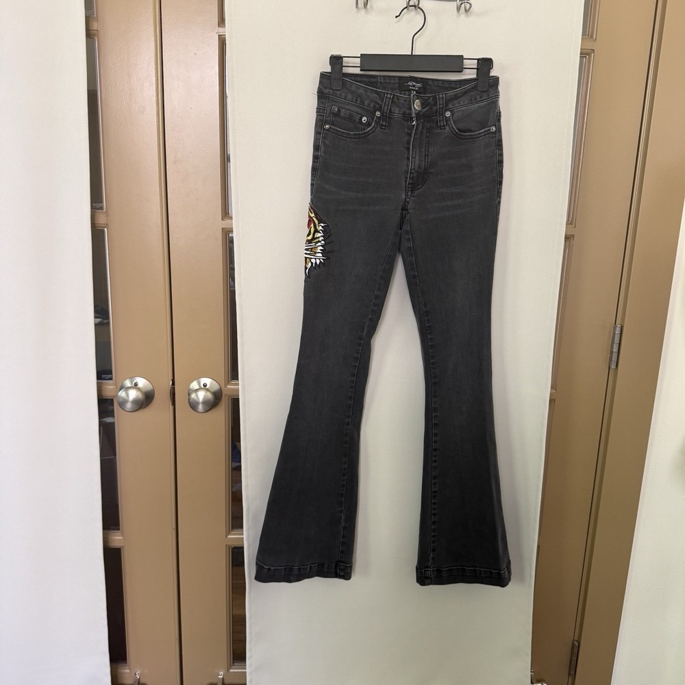 Ed‎ Hardy Womens 24 Black Low Rise Embroidered Tiger Logo Flare Jeans Denim Y2K